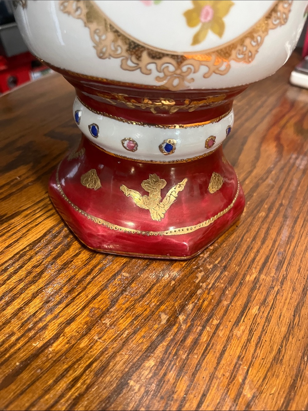 Vintage Red, White and Gold Floral Porcelain Vase with Ornate Handles - Picture 3 of 8